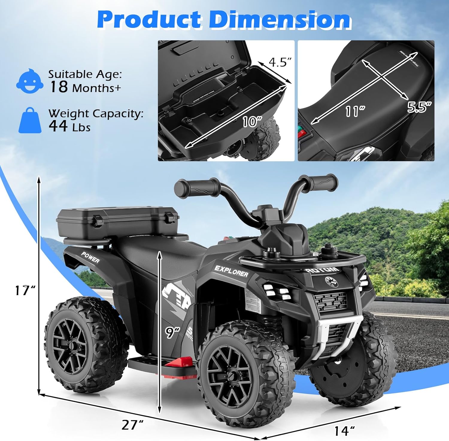 OLAKIDS Kids ATV with Spray Function, Remote Control, Storage Trunk, 6V Toddler Ride on Toy, Black - Image 6