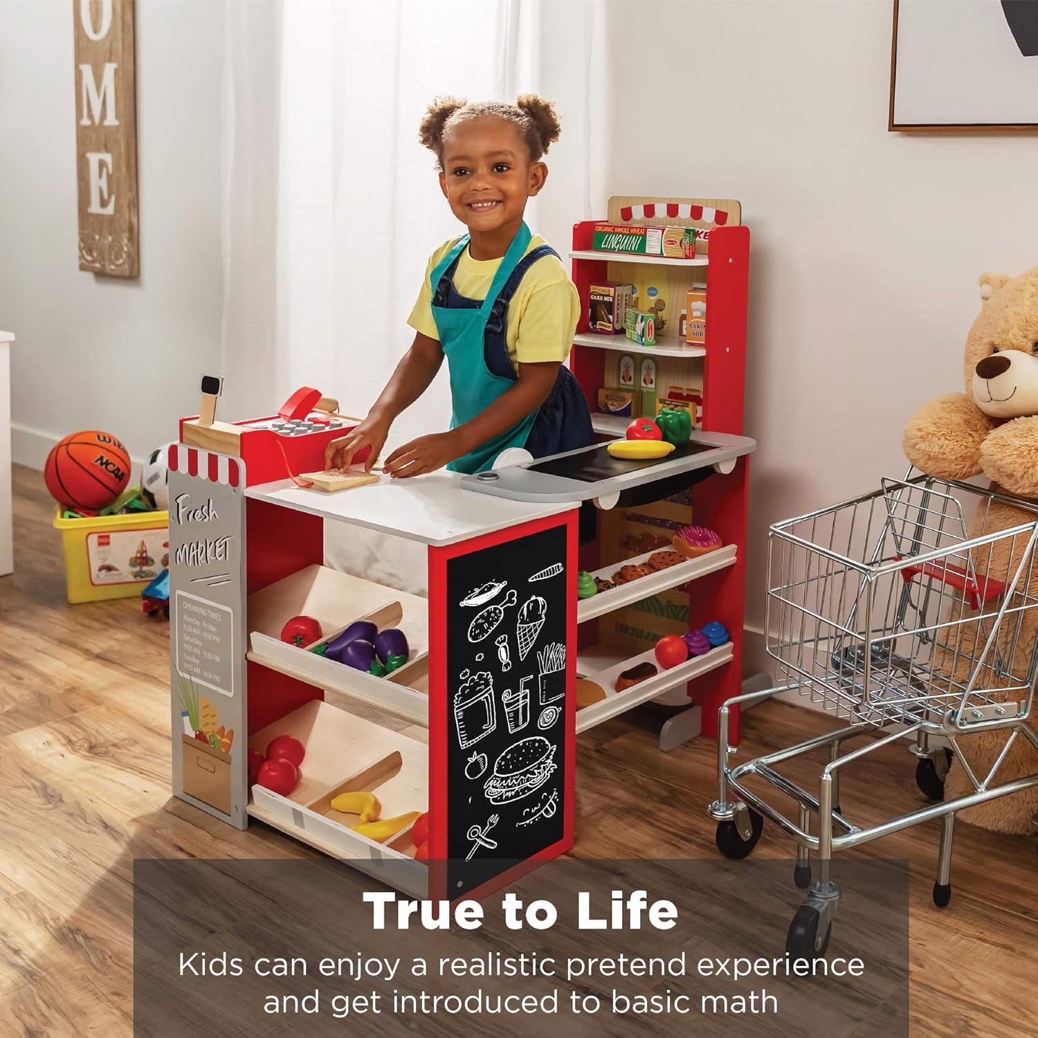 Best Choice Products Pretend Play Grocery Store Wooden Supermarket Toy Set for Kids w/Play Food, Chalkboard, Cash Register, Working Conveyor - Red - Image 6