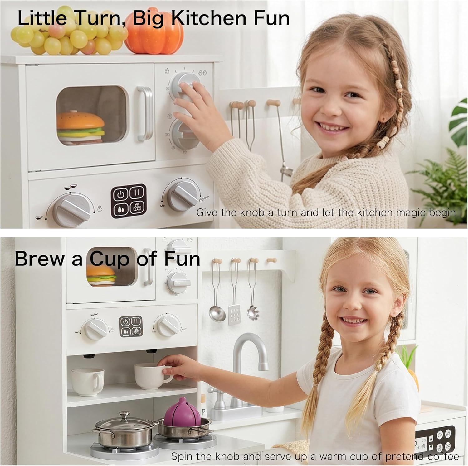 Wooden Play Kitchen for Toddlers and Kids with Lights & Sounds, Large Interactive Pretend Play Set with Ice Maker, Stove, Sink, Oven, 12 Accessories - Ages 3-8 - Image 4