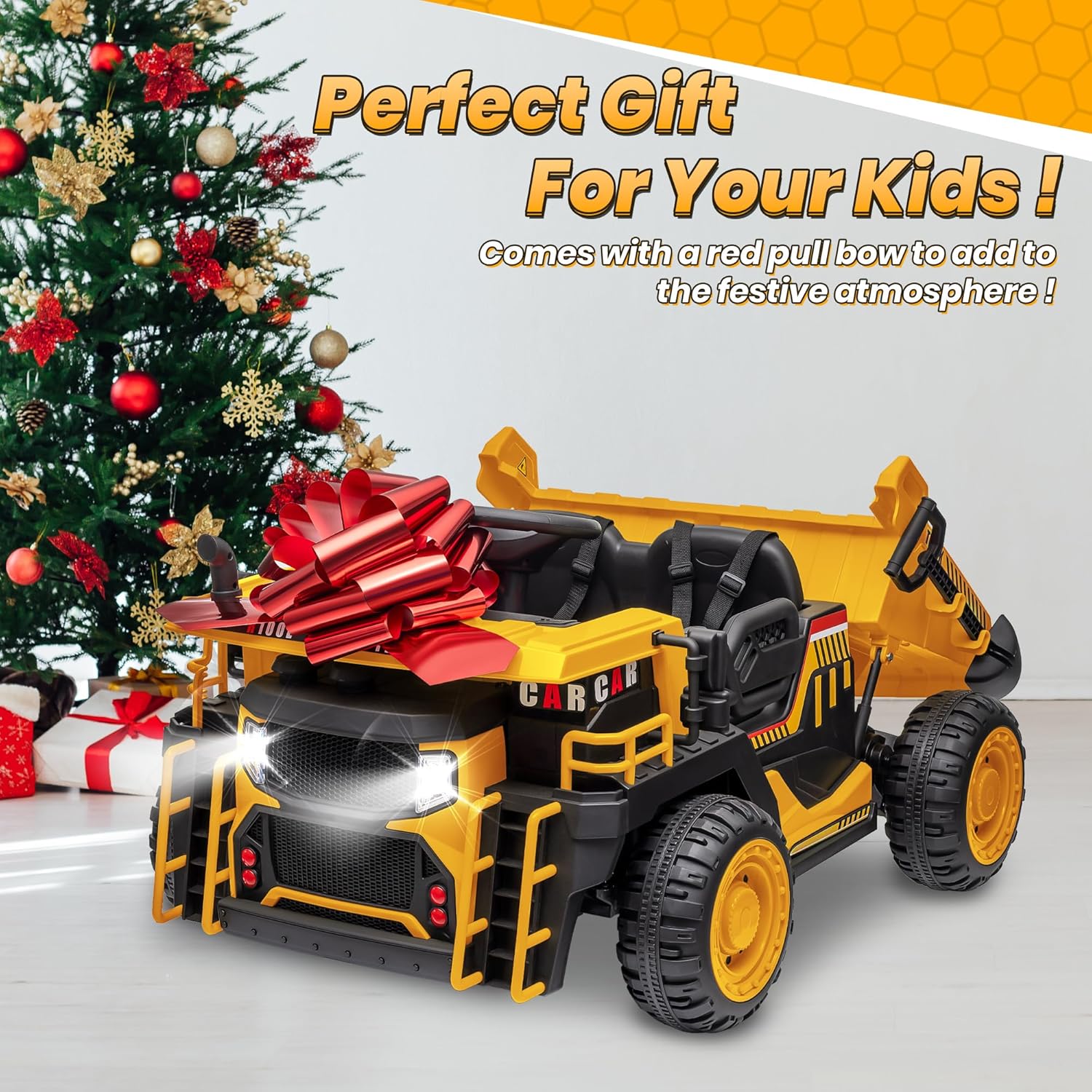 JOYRACER 24V 2 Seater Ride on Dump Truck w/400W Motors, Kids Electric Truck w/20'' Two Seater Ride on Construction Vehicle w/Dump Bed and Shovel, 4.9MPH Max, Power Car Wheelers for Kids, Yellow - Image 9