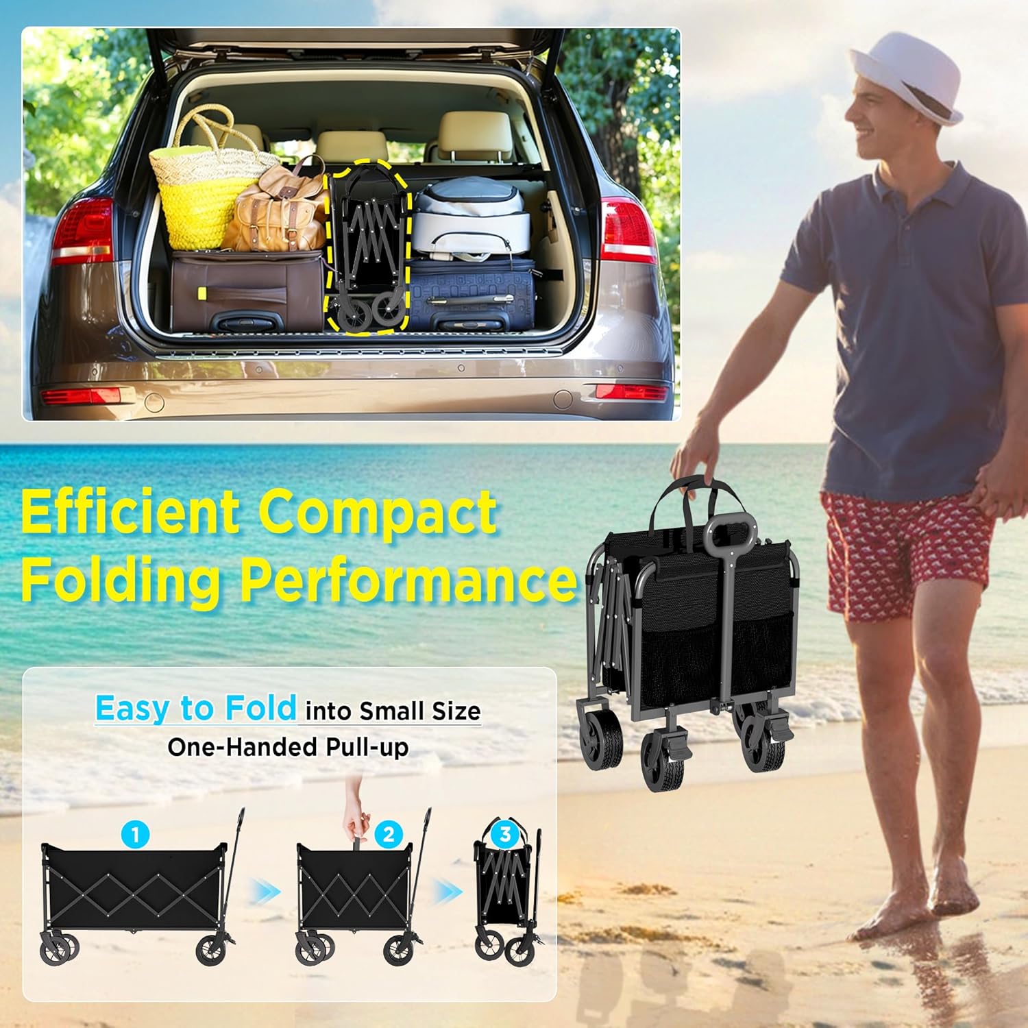 Wagons Carts Foldable, Beach Wagon with Brakes & All-Terrain Wheels 560LBS Capacity Collapsible Wagon for Trips, Outdoor Camping, Sports & Garden Use - Image 8