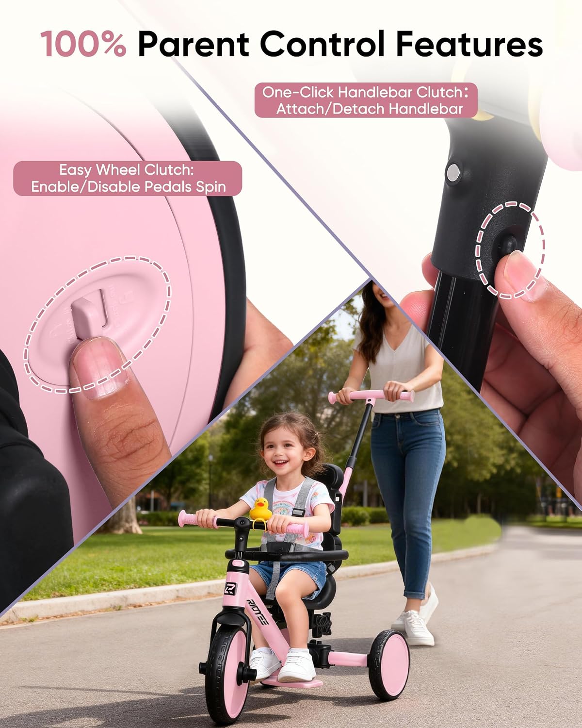 RIDYEE 8-in-1 Tricycle for 1.5-5 Years, Tool-Free Switch, Toddler Tricycle with Parent Steering Control Handle for 1.5 to 5 Yrs, Toddler Trike 1.5-3 Years with 5-Point Harness and Large Canopy, Pink - Image 3