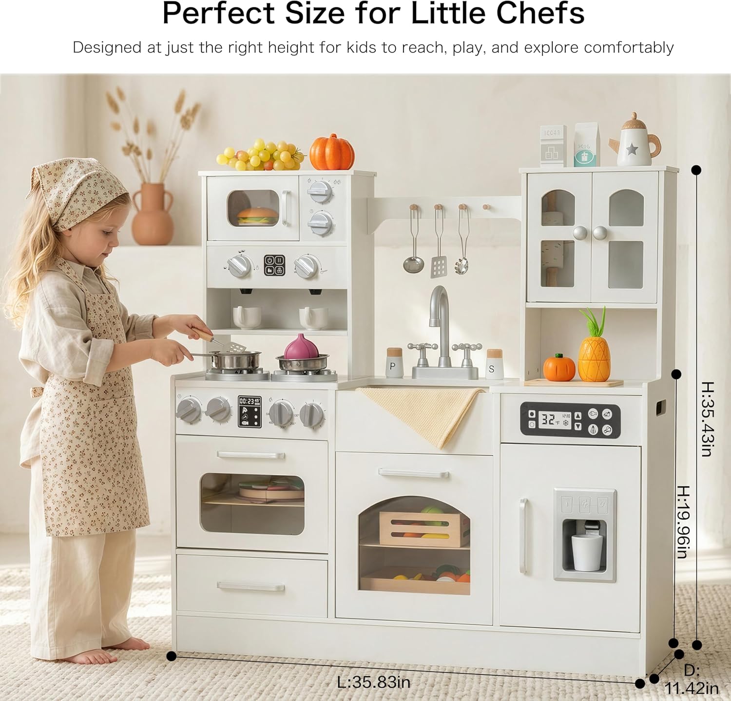Wooden Play Kitchen for Toddlers and Kids with Lights & Sounds, Large Interactive Pretend Play Set with Ice Maker, Stove, Sink, Oven, 12 Accessories - Ages 3-8 - Image 2