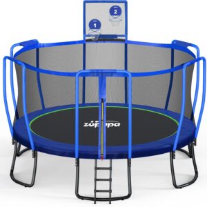 Zupapa 1800LBS Capacity No-Gap Design 16 15 14 12 10FT Trampoline with Safety Enclosure Net and Non-Slip Ladder 10-Year Quality Assurance Perfect for Kids Family Outdoor Backyard Fun