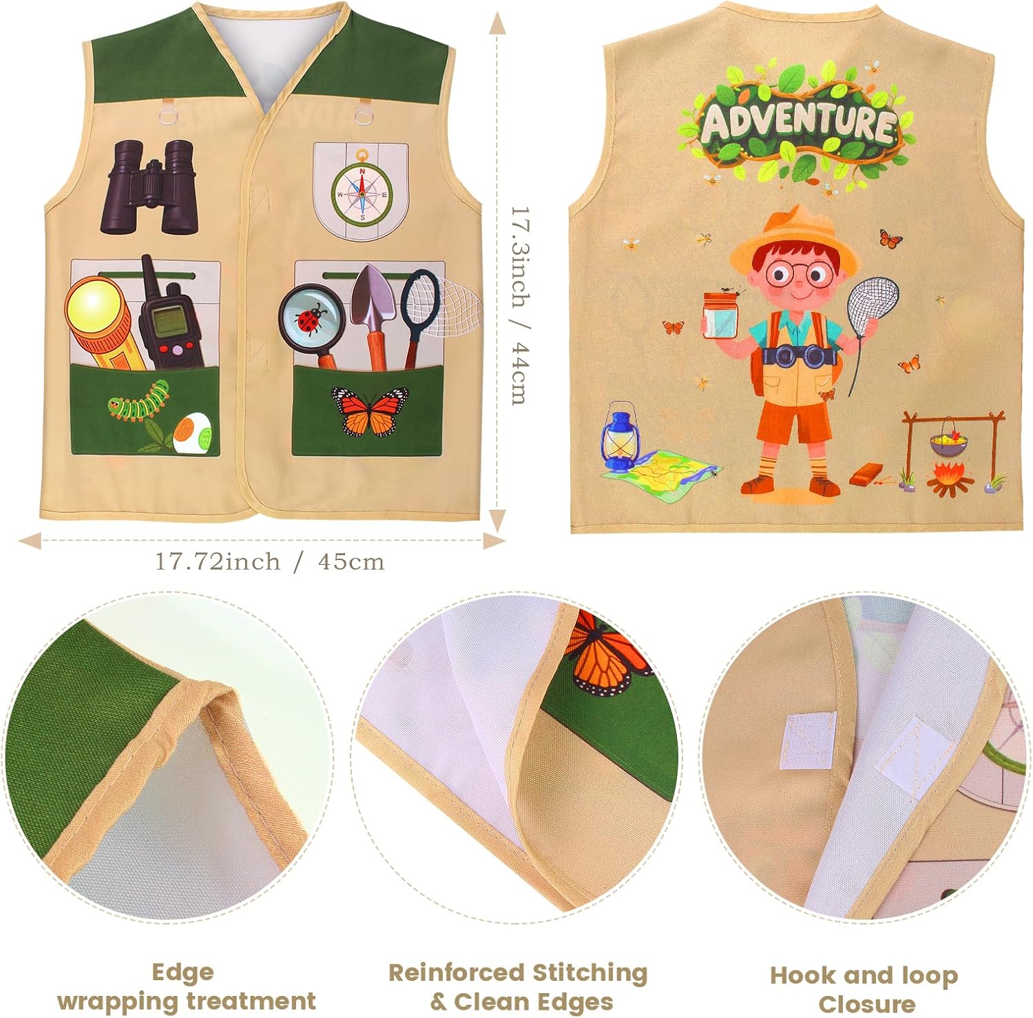 Kyson Kids Explorer Costume and Bug Catcher Kit 22Pcs with Vest,Hat,Net,Tweezers-Safari Camping Adventure Gear for Outdoor Exploration Ages 3-8 Boys Girls (Khaki) - Image 2