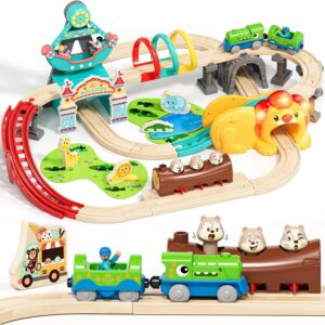 Lehoo Castle Wooden Train Set – Train Track Set with Battery-Operated Dinosaur Train, Lion Tunnel Lights & Sounds, Train Toy Birthday Gift for Boys & Girls Ages 3-7