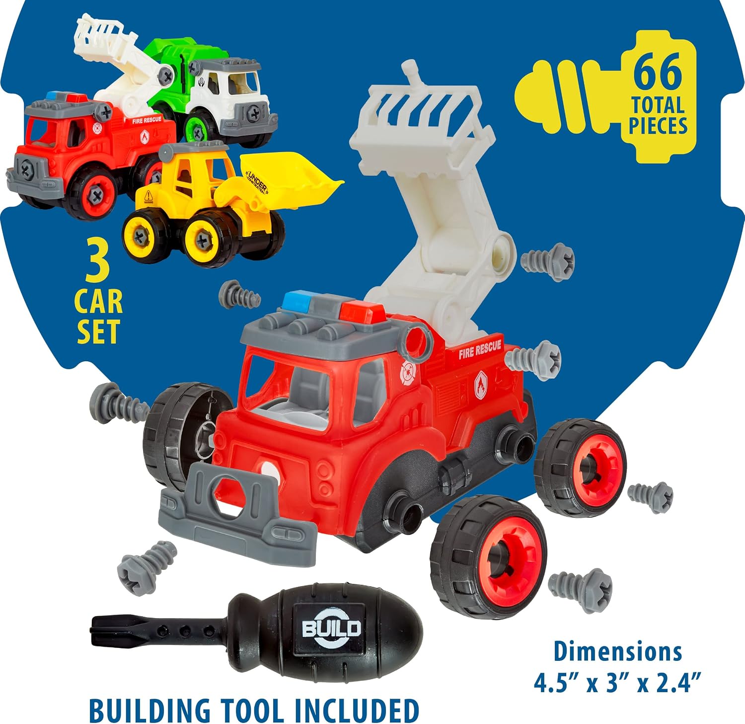 Power Gearz Take Apart Toy with Screwdriver and Screws- 3 Pack Truck Set for Boys and Girls- Fire Truck, Construction Garbage Trucks- Vehicle Set - Building Toys for Kids Ages 3-5 - Image 4