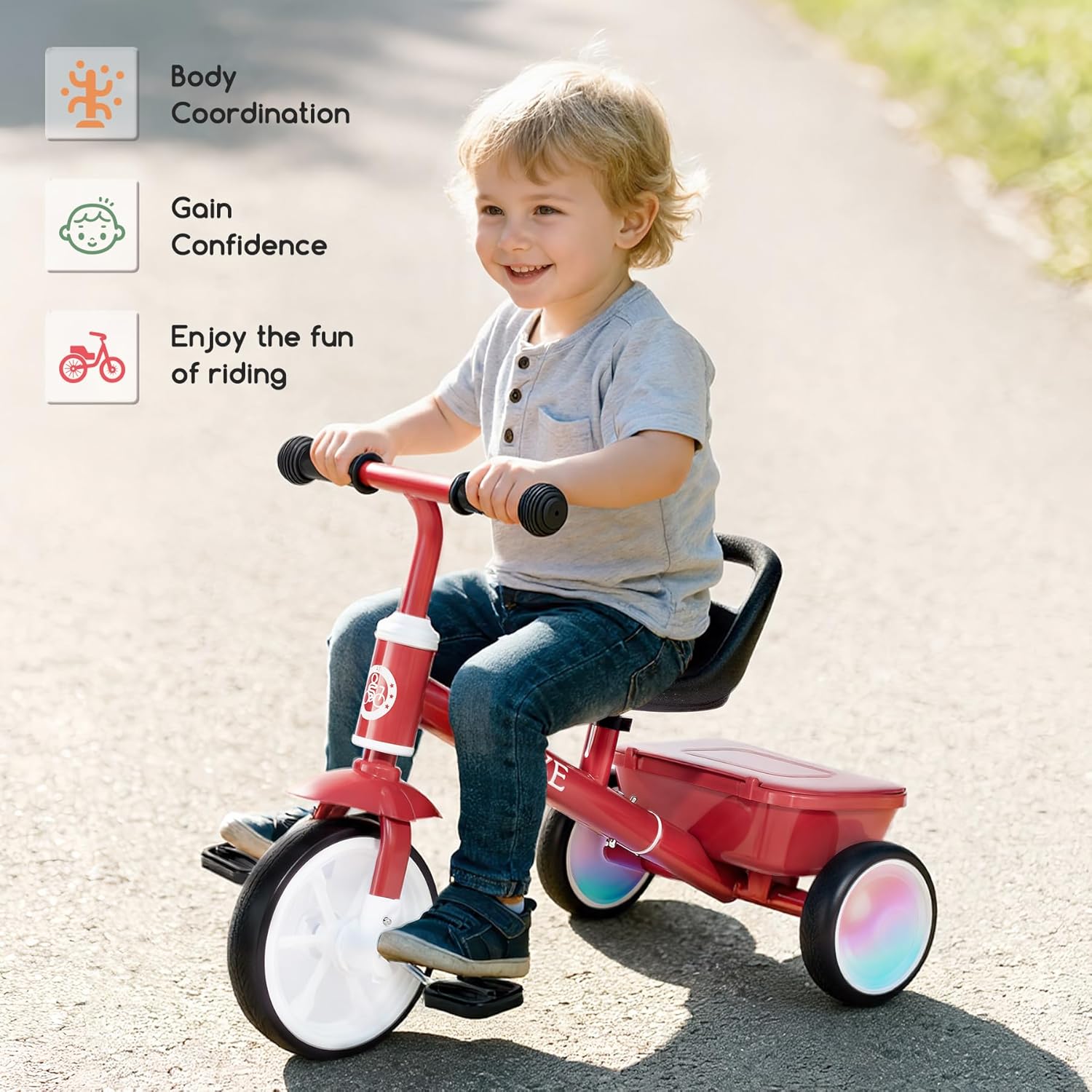 Bobike Toddler Tricycle for Ages 2-5 Years, Tricycle with 2 LED Light Wheels, Toddler Bike with 3-Position Seat and Rear Basket, Kids Bike Gift for Boys & Girl (Red) - Image 7