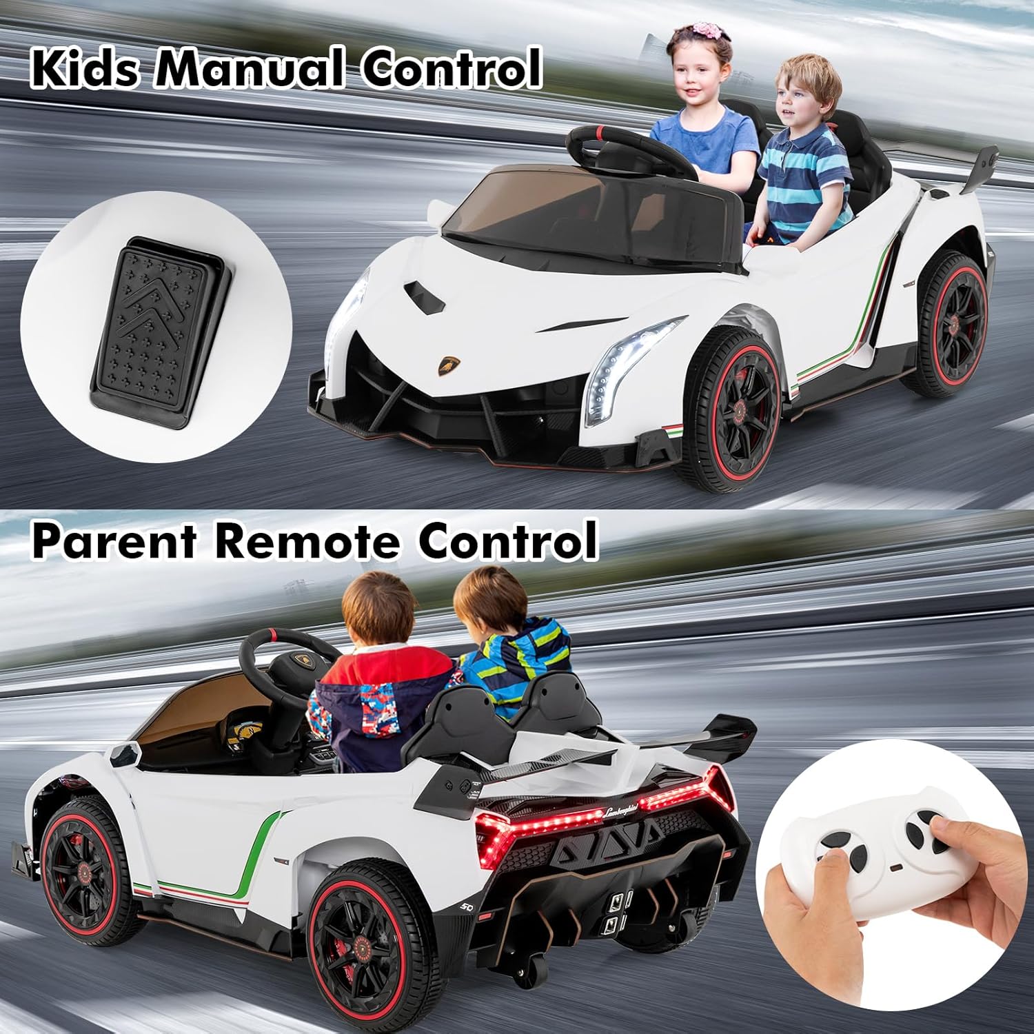 INFANS 2 Seater Kids Ride on Car, 12V 4WD Licensed Lamborghini Veneno Powered Electric Vehicle with Hydraulic Doors, Rocking Mode, Adjustable Speeds, Remote Control, MP3, Headlight (White) - Image 8