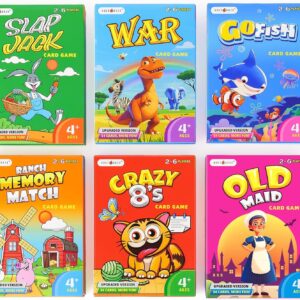 Upgraded Kids Card Games Pack, 6 Decks, Go Fish, Old Maid, Crazy Eights, Memory Match, Slap Jack, War, Playing Cards, Easter Basket Stuffers, Stocking Stuffers