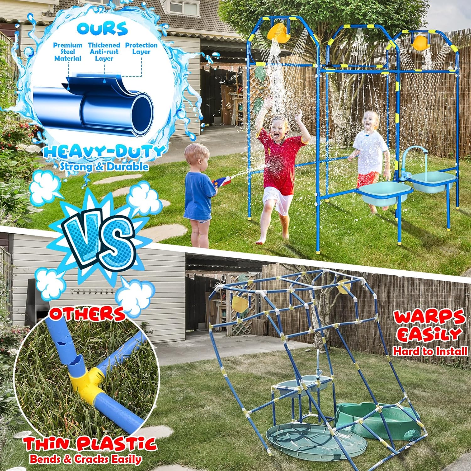 Water Park Sprinkler Toy for Kids, Heavy-Duty Steel Backyard Waterpark Splash Game with Shooting Toys, Splash Buckets, Water Table & Faucets, Water Play Activities Outdoor Summer Fun - Image 2