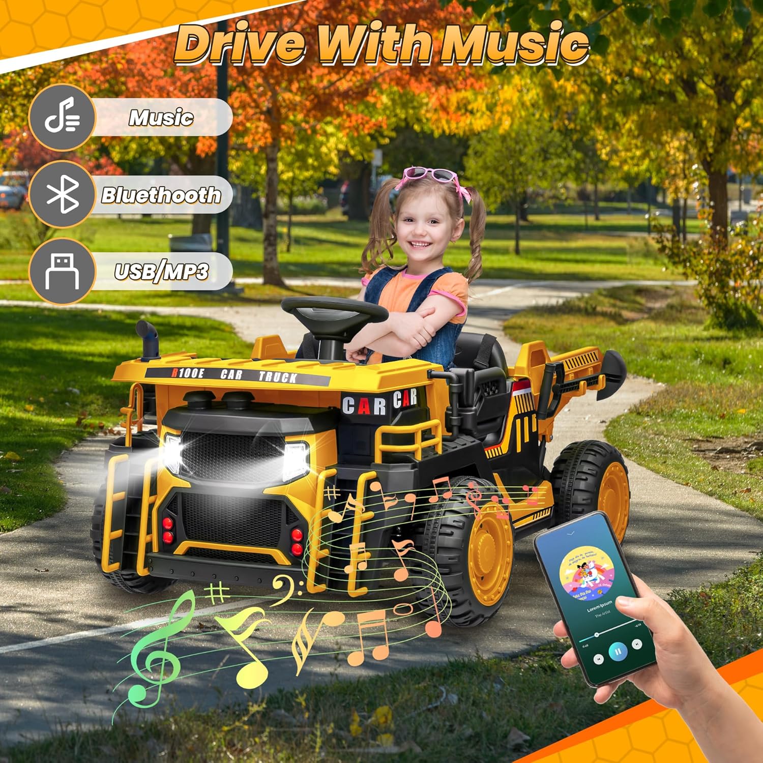 JOYRACER 24V 2 Seater Ride on Dump Truck w/400W Motors, Kids Electric Truck w/20'' Two Seater Ride on Construction Vehicle w/Dump Bed and Shovel, 4.9MPH Max, Power Car Wheelers for Kids, Yellow - Image 7