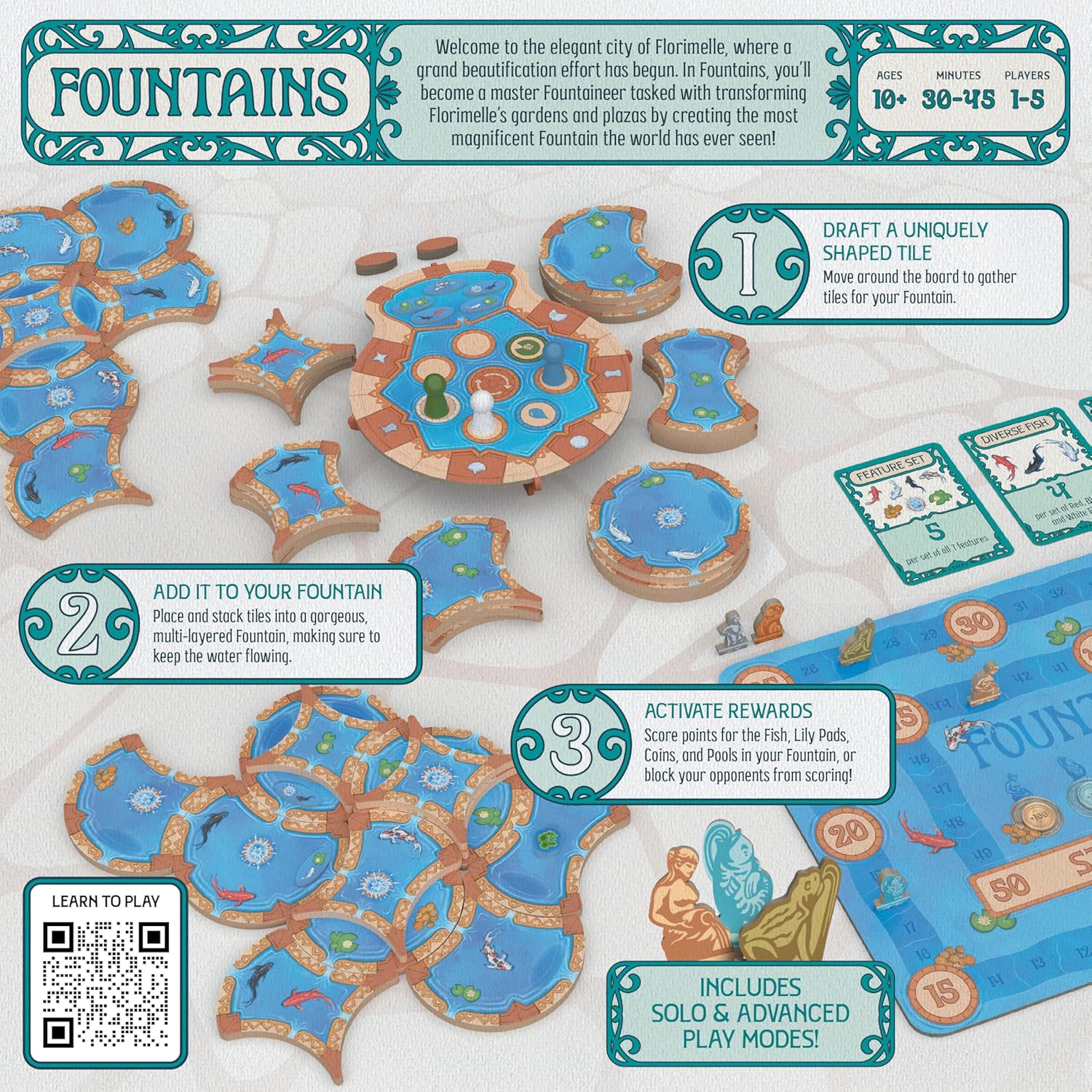 Fountains Board Game, Competitive Tile-Laying Strategy Game, Stunning Art Nouveau Aesthetic, 1-5 Players, Unique 3D Stacking & Drafting, Family & Gamer-Friendly, Ages 10+, 30-45+ Min Play Time - Image 11