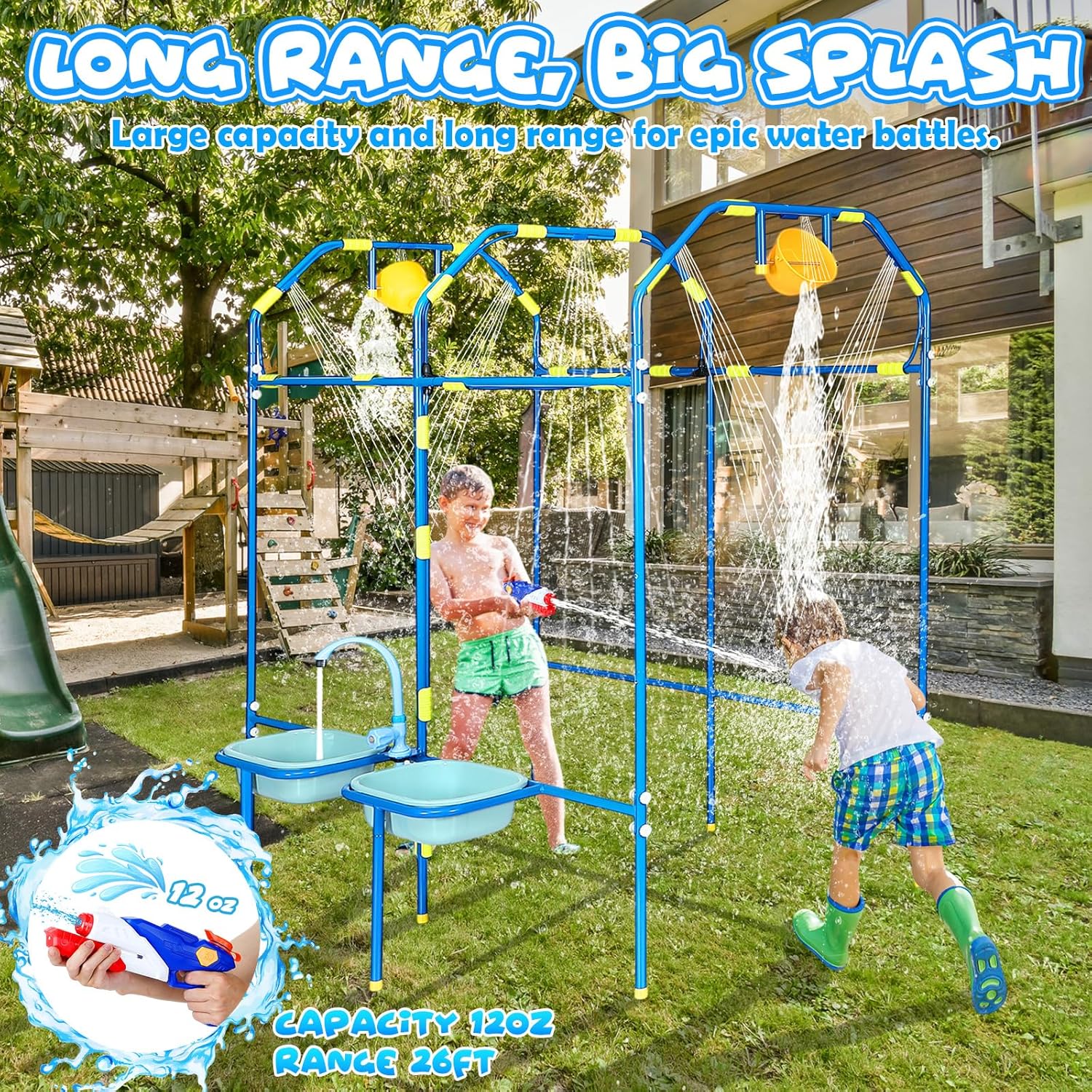 Water Park Sprinkler Toy for Kids, Heavy-Duty Steel Backyard Waterpark Splash Game with Shooting Toys, Splash Buckets, Water Table & Faucets, Water Play Activities Outdoor Summer Fun - Image 5