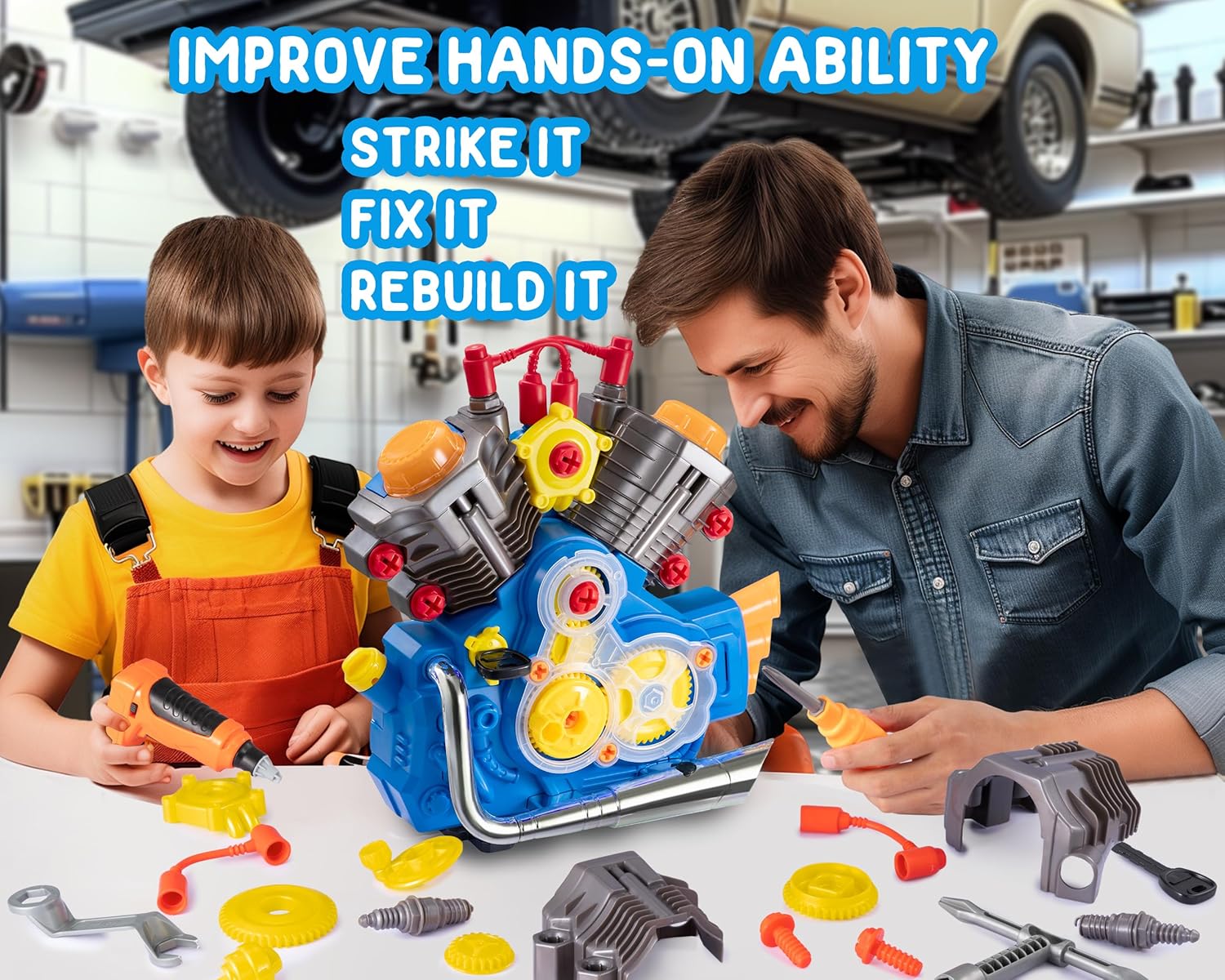 POFJOEQ Engine Building Kit, Kids Mechanic Repair Set for Kids Motorcycle Engine,Take Apart Toys-42pc Playset,STEM Engine Model Kit Toy with Cool Lights&Sounds,Educational Toys for 3+ Year Old (Blue) - Image 3