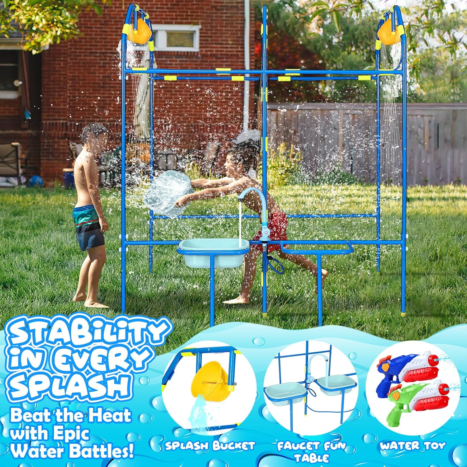 Water Park Sprinkler Toy for Kids, Heavy-Duty Steel Backyard Waterpark Splash Game with Shooting Toys, Splash Buckets, Water Table & Faucets, Water Play Activities Outdoor Summer Fun - Image 6