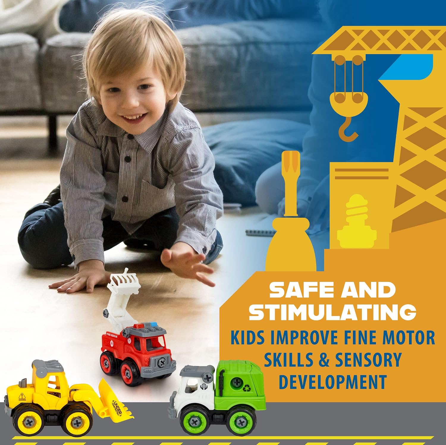 Power Gearz Take Apart Toy with Screwdriver and Screws- 3 Pack Truck Set for Boys and Girls- Fire Truck, Construction Garbage Trucks- Vehicle Set - Building Toys for Kids Ages 3-5 - Image 5
