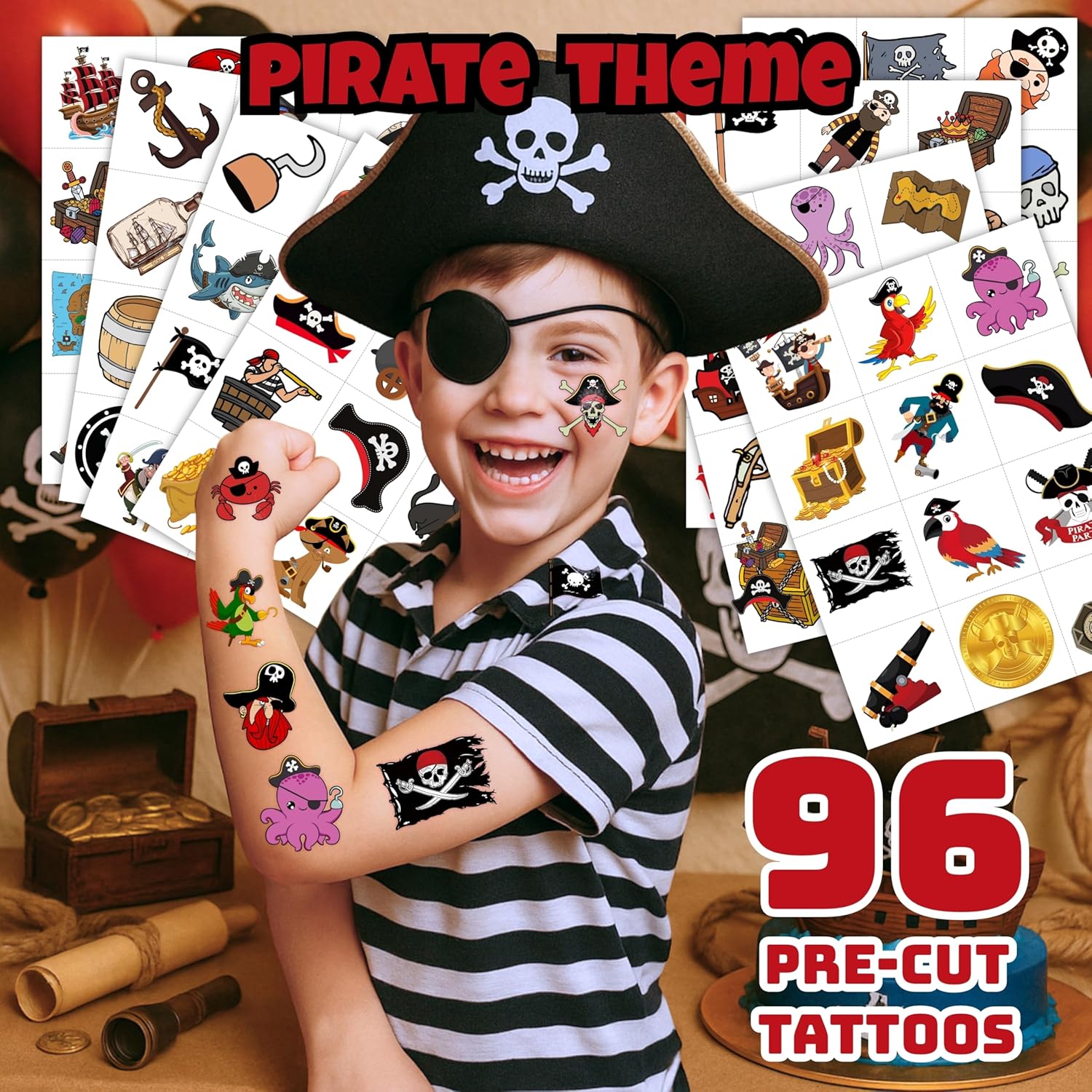 96PCS Pirate Pre-Cut Temporary Tattoos - Cute Pirate Ship, Mermaid, and Treasure Designs - Party Favors, Birthday Supplies, Classroom Rewards & Halloween Gifts - Image 2