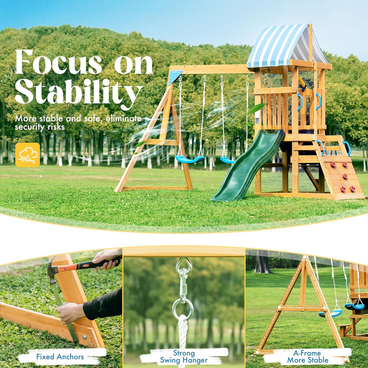 ROBUD Swing Sets for Backyard, Wooden Swing Set, All-in-One Kids Outdoor Play Equipment with Two Swings, Slide, Rock Climbing Wall, Blackboard, Telescope, Fort, Outdoor Playset for Kids & Toddlers - Image 2