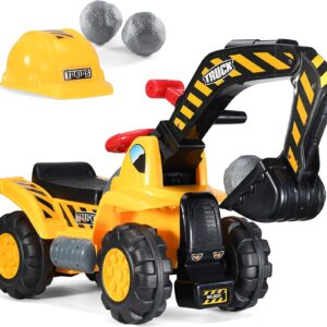 Play22 Toy Tractors for Kids Ride On Excavator – Music Sounds Digger Scooter Bulldozer Includes Helmet with Rocks – Pretend Play – Toddler Construction Truck