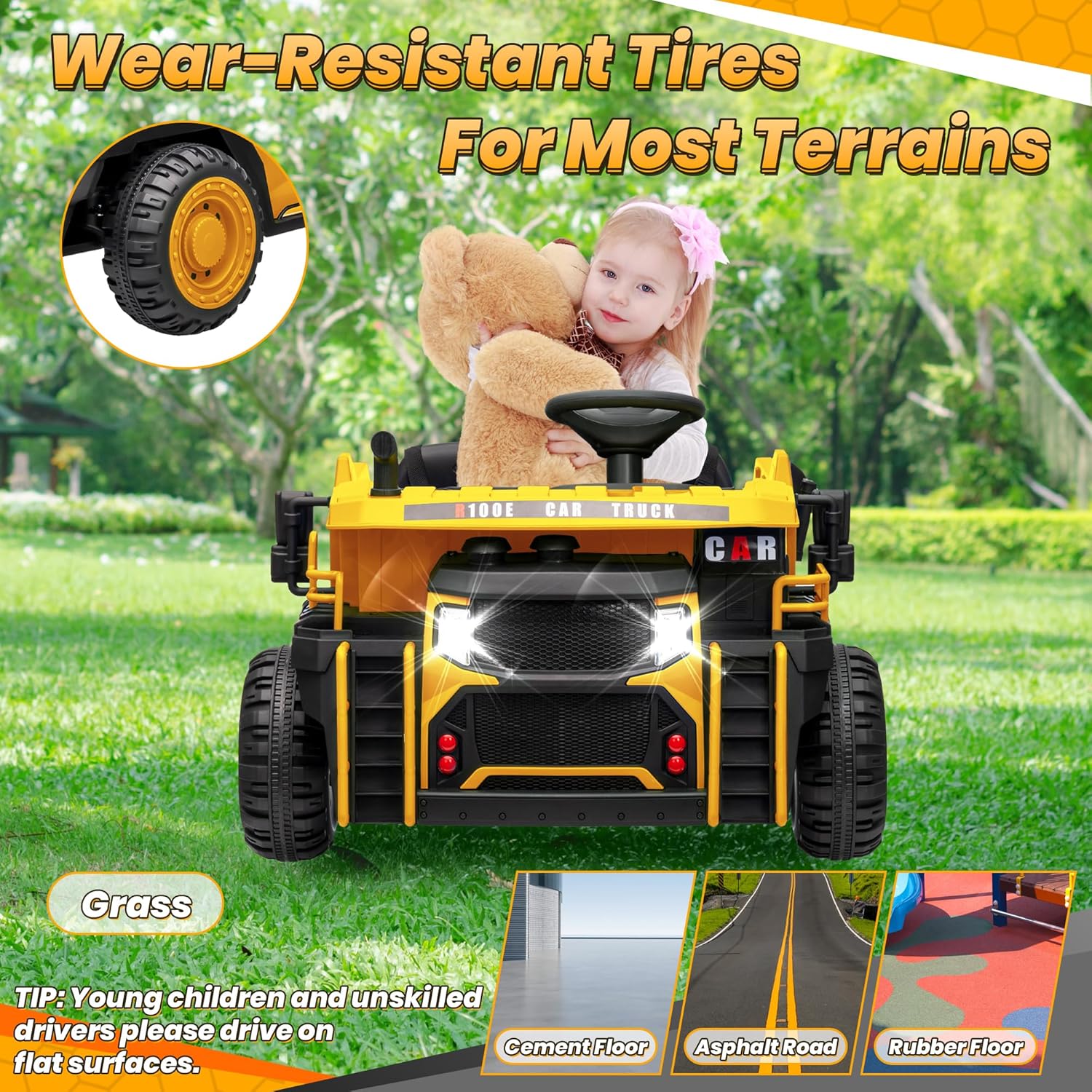 JOYRACER 24V 2 Seater Ride on Dump Truck w/400W Motors, Kids Electric Truck w/20'' Two Seater Ride on Construction Vehicle w/Dump Bed and Shovel, 4.9MPH Max, Power Car Wheelers for Kids, Yellow - Image 8