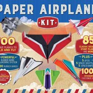 Paper Airplane Kit: 100 Planes to Fold & Fly, 1000 Stickers, Launcher & 100 Rubber Bands | Colorful Sheets | STEM Family Gift for Ages 7 and Up