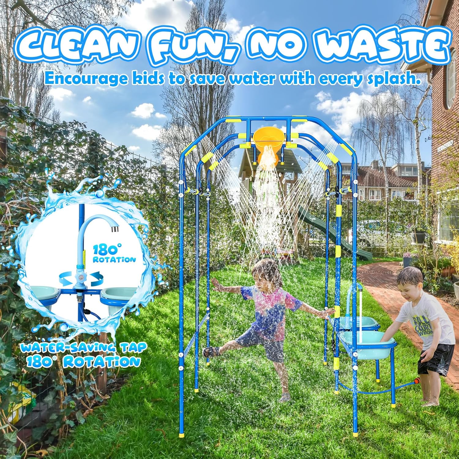 Water Park Sprinkler Toy for Kids, Heavy-Duty Steel Backyard Waterpark Splash Game with Shooting Toys, Splash Buckets, Water Table & Faucets, Water Play Activities Outdoor Summer Fun - Image 7