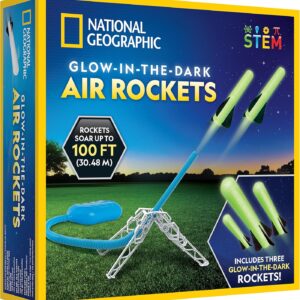 National Geographic Air Rocket Launcher Science Kit – Jump & Launch Glow-in-the-Dark Foam Rockets up to 100 Feet, Outdoor Toys for Kids 8–12, Backyard STEM Activity with Adjustable Launch Base