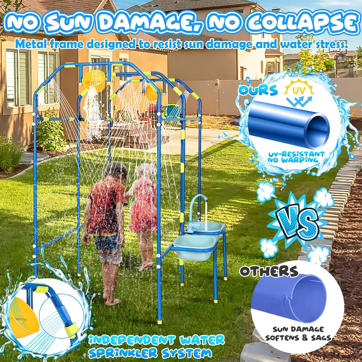 Water Park Sprinkler Toy for Kids, Heavy-Duty Steel Backyard Waterpark Splash Game with Shooting Toys, Splash Buckets, Water Table & Faucets, Water Play Activities Outdoor Summer Fun - Image 4