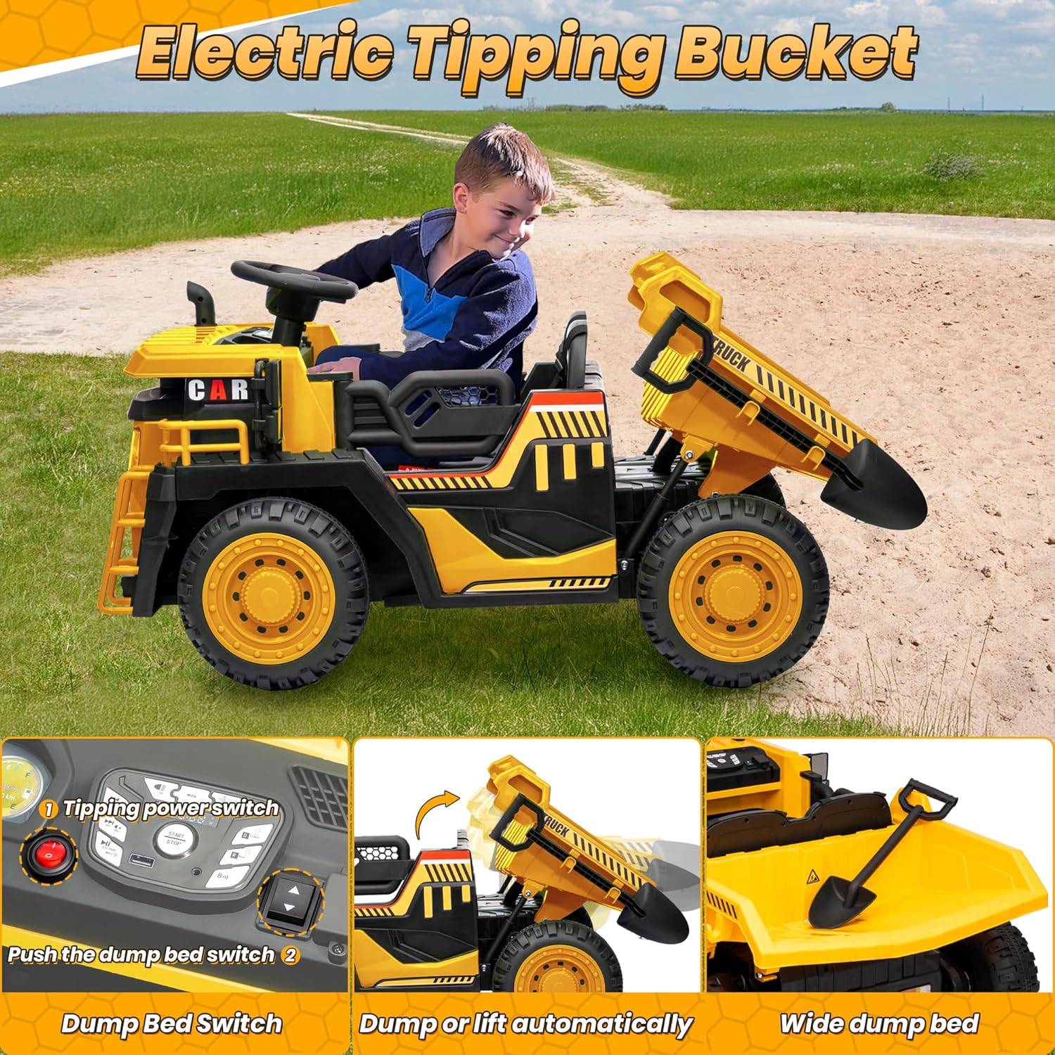 JOYRACER 24V 2 Seater Ride on Dump Truck w/400W Motors, Kids Electric Truck w/20'' Two Seater Ride on Construction Vehicle w/Dump Bed and Shovel, 4.9MPH Max, Power Car Wheelers for Kids, Yellow - Image 4
