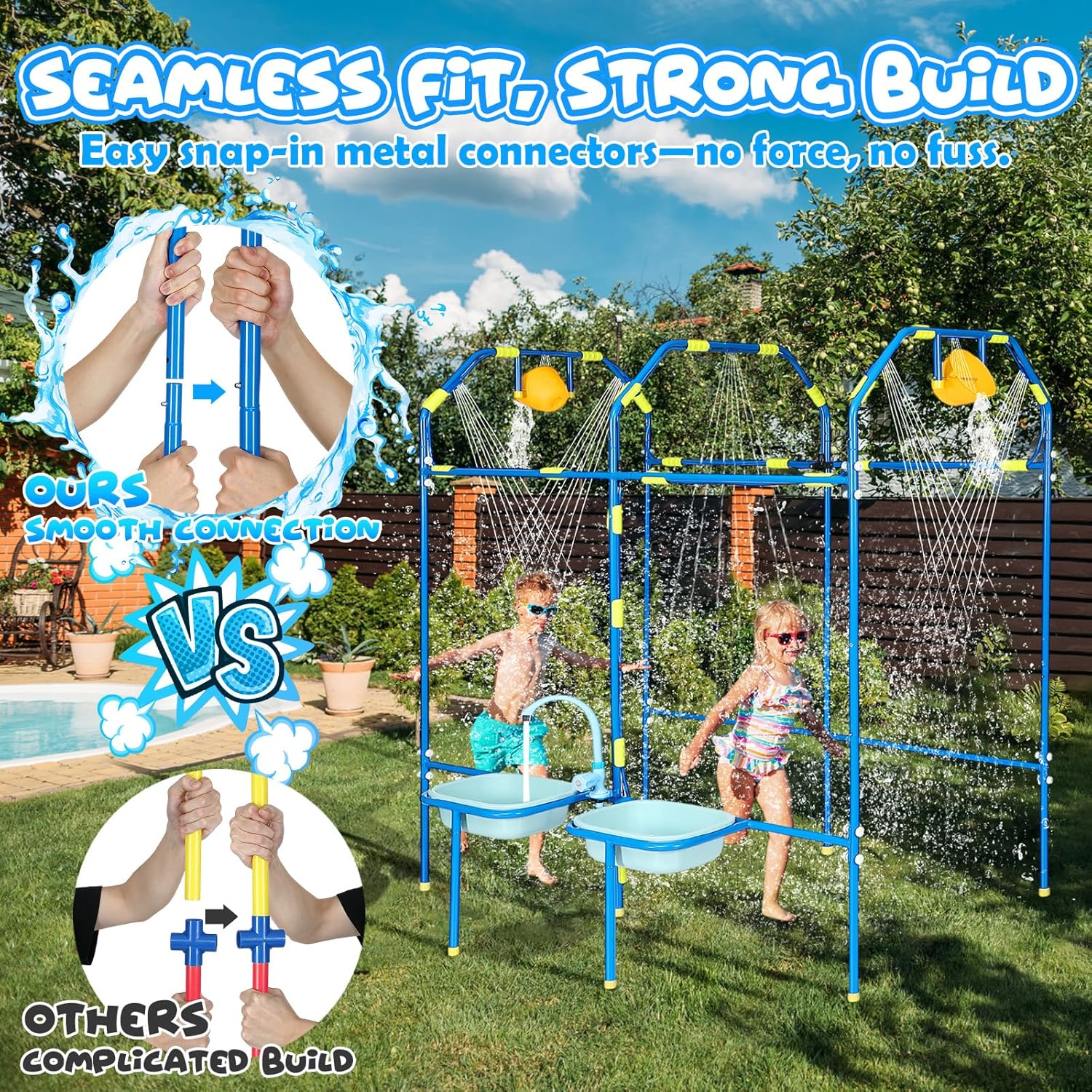 Water Park Sprinkler Toy for Kids, Heavy-Duty Steel Backyard Waterpark Splash Game with Shooting Toys, Splash Buckets, Water Table & Faucets, Water Play Activities Outdoor Summer Fun - Image 3