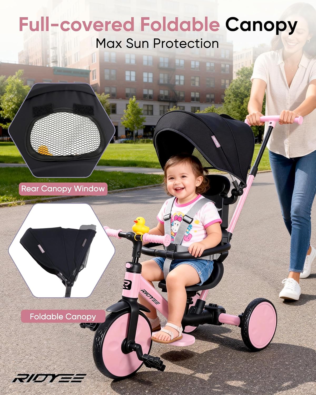 RIDYEE 8-in-1 Tricycle for 1.5-5 Years, Tool-Free Switch, Toddler Tricycle with Parent Steering Control Handle for 1.5 to 5 Yrs, Toddler Trike 1.5-3 Years with 5-Point Harness and Large Canopy, Pink - Image 5
