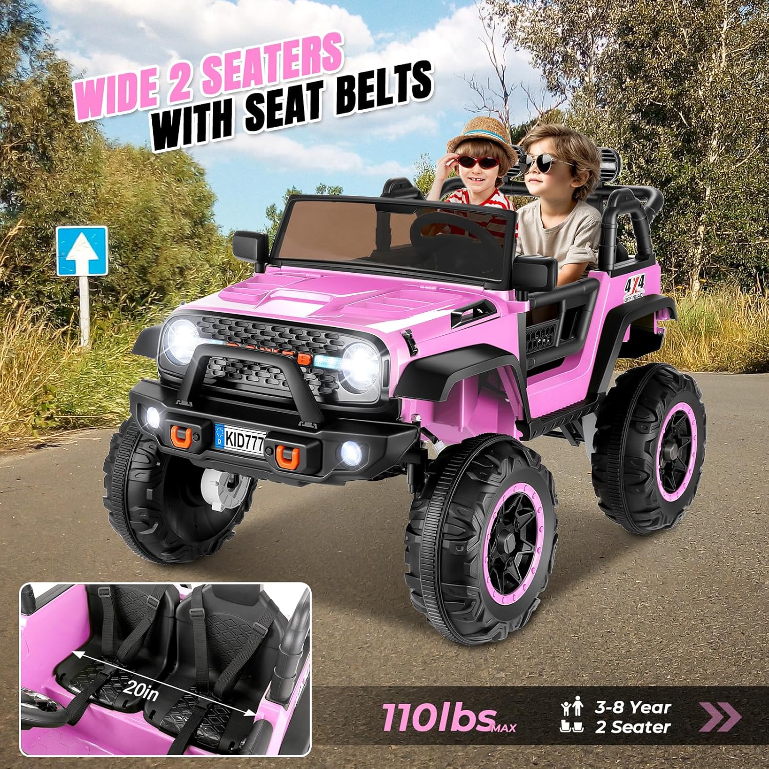 Hikole 24 Volt Ride On Car with Remote Control, 2WD/4WD Switchable 2 Seater XL Electric Car for Kids w/20 Inch Wide Seat, 4X100W Power Toys Wheels 24v Vehicles for Girls w/Music - Pink - Image 3