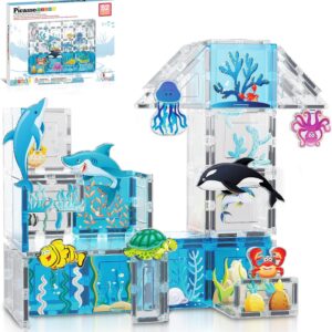 PicassoTiles Magnet Tiles Magnetic Building Blocks Aquarium Marine Animal Theme Set with 8 Character Action Figures Shark Crab Turtle STEM Toys Construction Preschool Toddlers Kids Boys Girls 3+ PTQ15