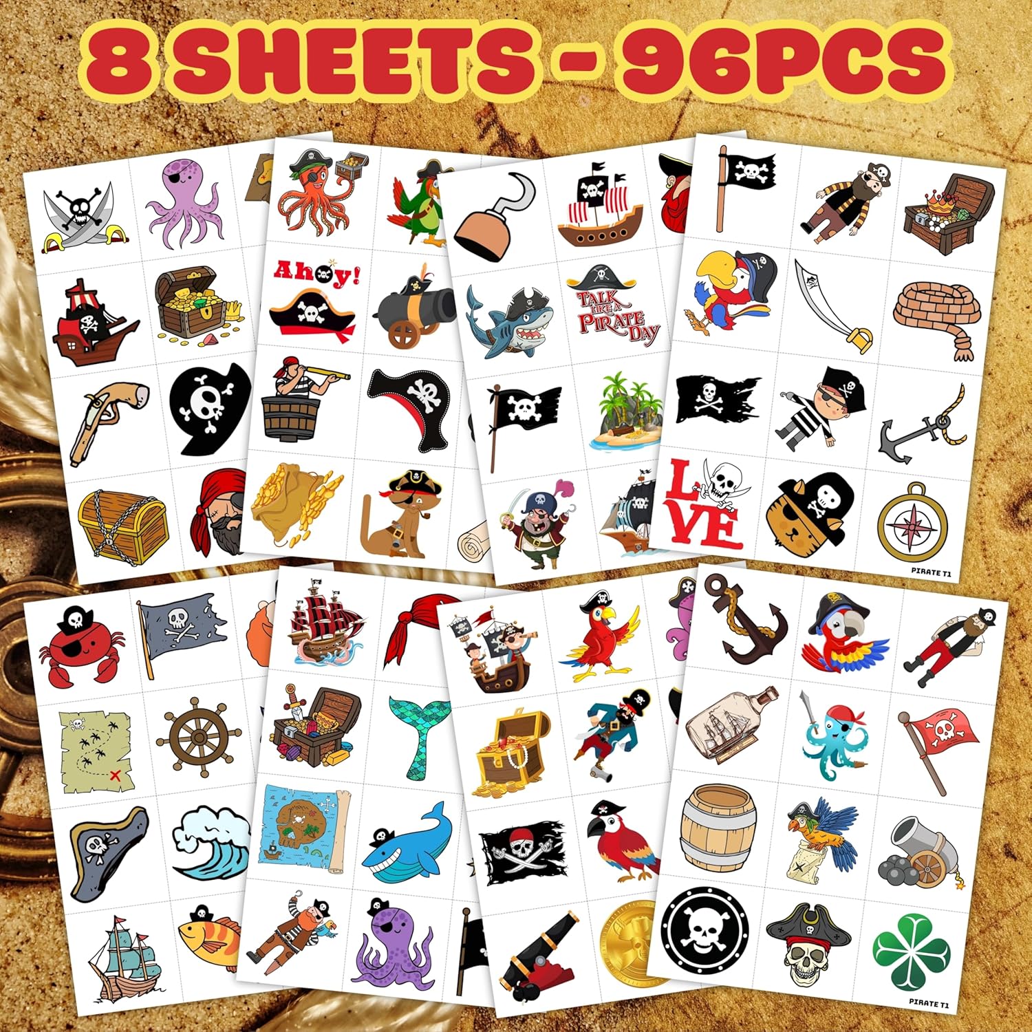 96PCS Pirate Pre-Cut Temporary Tattoos - Cute Pirate Ship, Mermaid, and Treasure Designs - Party Favors, Birthday Supplies, Classroom Rewards & Halloween Gifts - Image 5