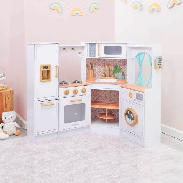 KidKraft Ultimate Corner Wooden Play Kitchen with Lights & Sounds, White | Lazy Susan, Curtains, Fits Across Two Walls, Play Phone, Laundry Appliances, Washer & Dryer - Image 3