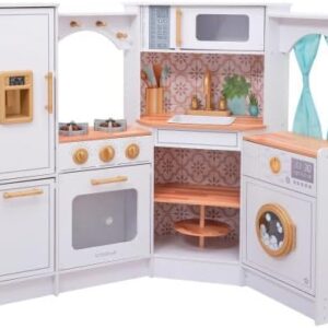 KidKraft Ultimate Corner Wooden Play Kitchen with Lights & Sounds, White | Lazy Susan, Curtains, Fits Across Two Walls, Play Phone, Laundry Appliances, Washer & Dryer