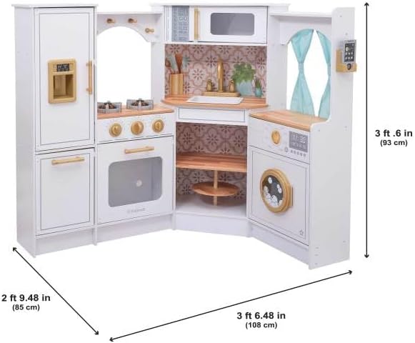 KidKraft Ultimate Corner Wooden Play Kitchen with Lights & Sounds, White | Lazy Susan, Curtains, Fits Across Two Walls, Play Phone, Laundry Appliances, Washer & Dryer - Image 8