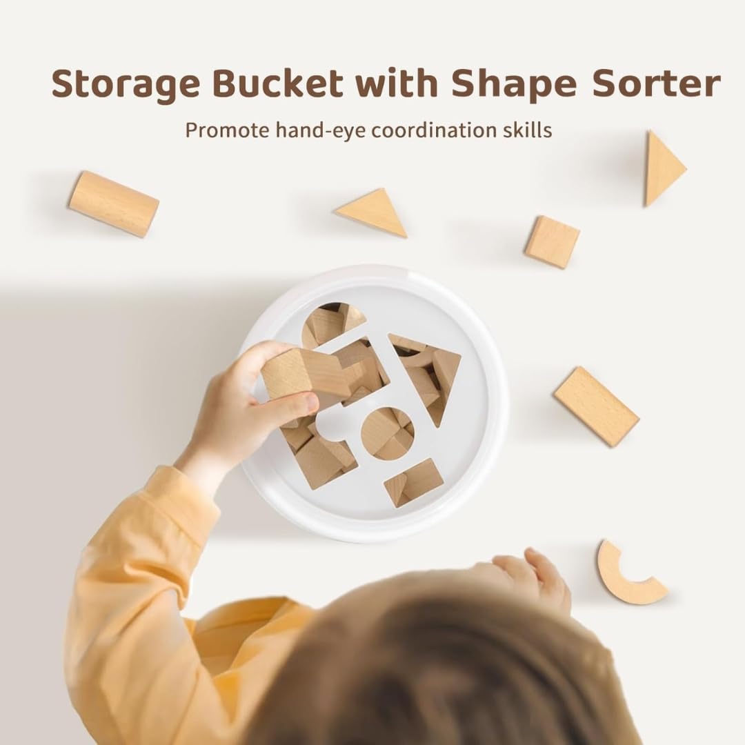 Pidoko Kids 100pcs Natural Beech Wood Building Blocks for Toddlers 1-3, Wooden Blocks with Storage Bucket and Shape Sorter Lid Montessori Toys for 1 2 3 Year Old Boys and Girls, Preschool Learning - Image 4