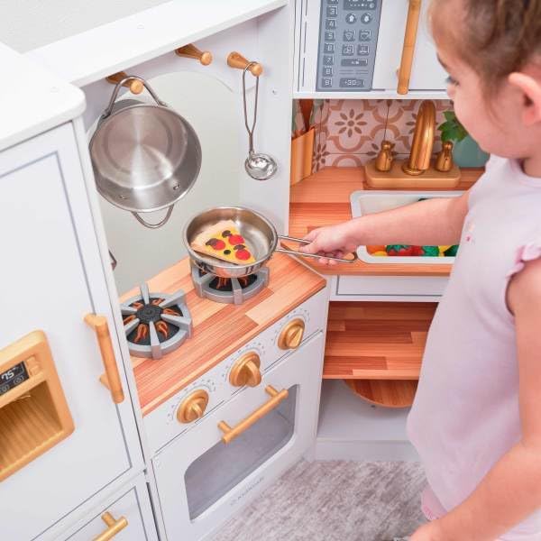 KidKraft Ultimate Corner Wooden Play Kitchen with Lights & Sounds, White | Lazy Susan, Curtains, Fits Across Two Walls, Play Phone, Laundry Appliances, Washer & Dryer - Image 7