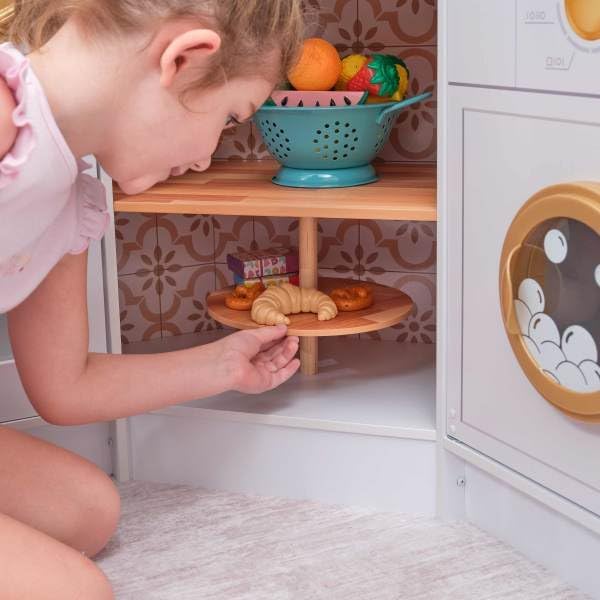 KidKraft Ultimate Corner Wooden Play Kitchen with Lights & Sounds, White | Lazy Susan, Curtains, Fits Across Two Walls, Play Phone, Laundry Appliances, Washer & Dryer - Image 6