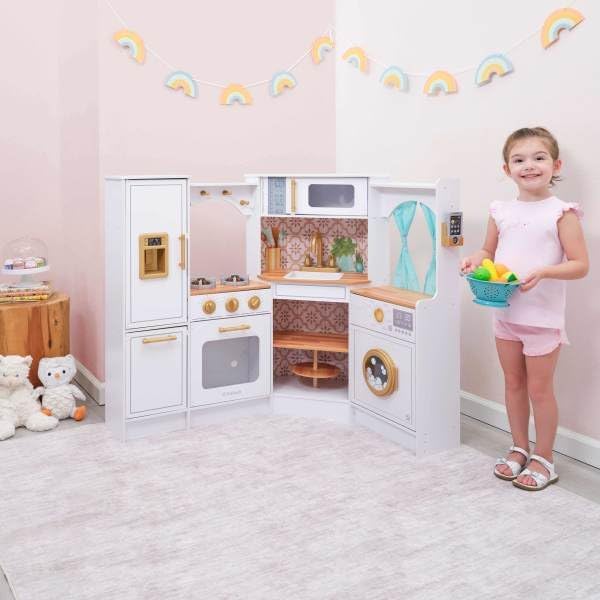 KidKraft Ultimate Corner Wooden Play Kitchen with Lights & Sounds, White | Lazy Susan, Curtains, Fits Across Two Walls, Play Phone, Laundry Appliances, Washer & Dryer - Image 2