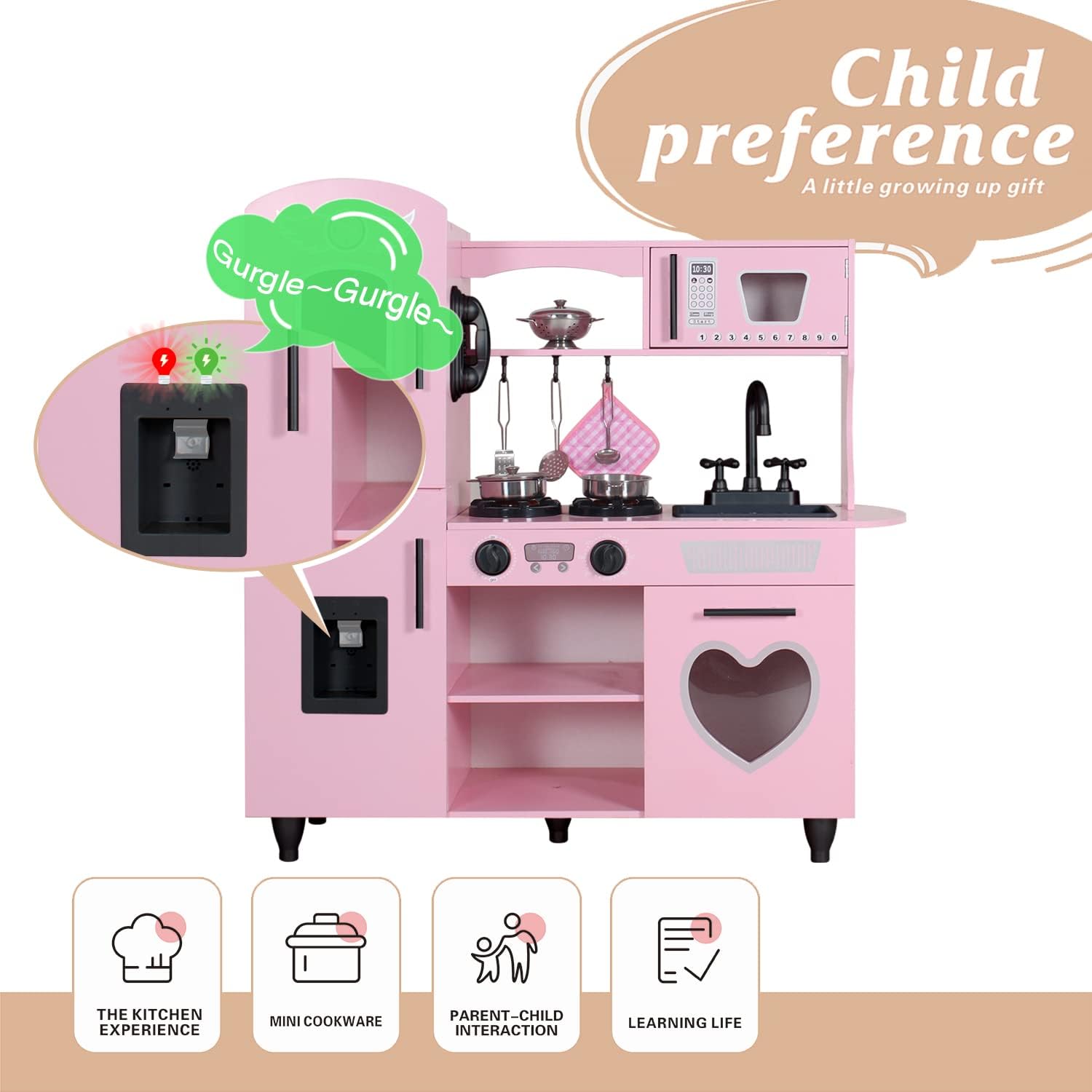TaoHFE Play Kitchen, Pink Kids Kitchen Set for Girls Kitchen Set for Kids Ages 6-8 Gift Toddler Kitchen Set for Kid Age 3+ Kitchen Playset with Lights & Sounds Wooden Toy Kitchen Playset Gift - Image 4