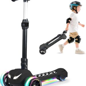 Electric Scooter for Kids Ages 3-12, Full Body Lights Up, Wide Deck, 3 Adjustable Heights, 5MPH Safe Speed, 90min Riding, Foldable 3 Wheel Electric Scooter for Kids Boys Girls Toddler