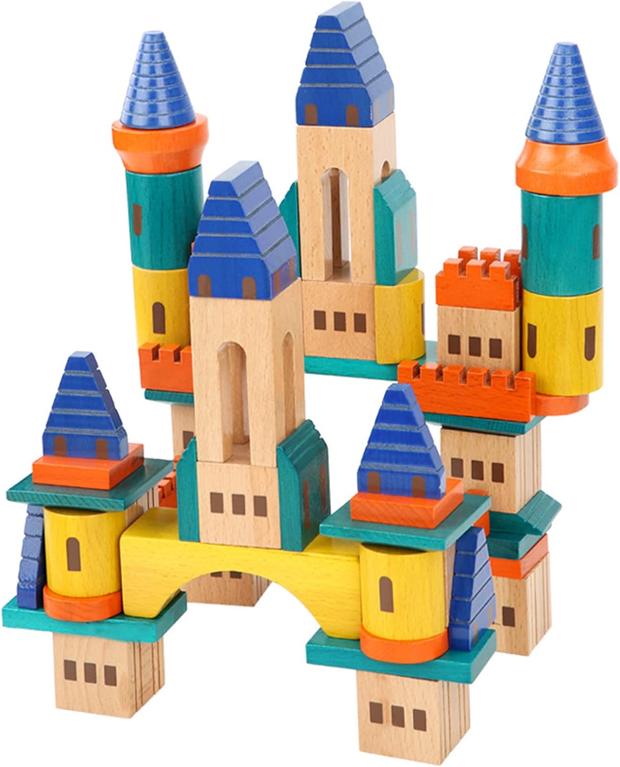 Xylolin Wooden Castle Building Blocks Set, Big Solid Beech Wood Toddlers Stacking Block Toy, Kids Construction Playset for Boys Girls 69 Pieces Set