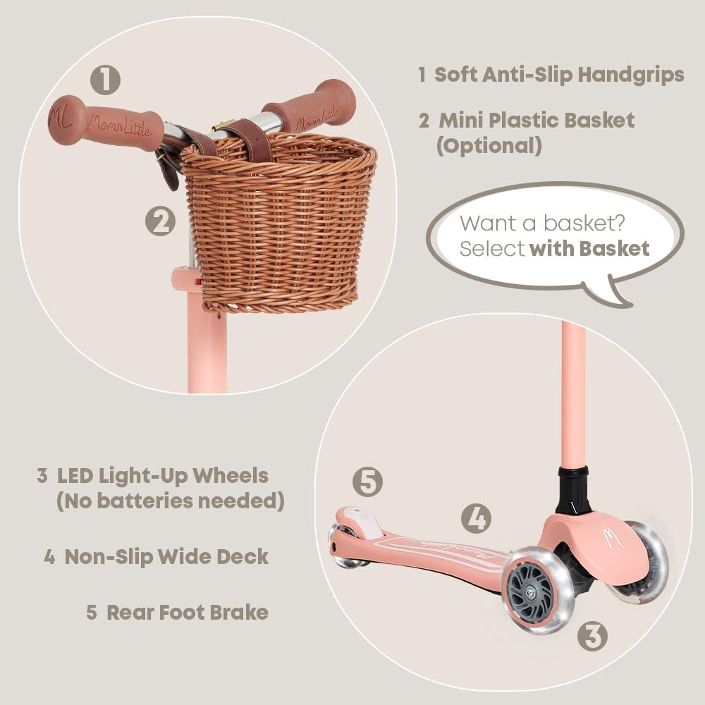 MomnLittle 3 Wheel Toddler Scooter for Kids Ages 3-10, Foldable Scooter with LED Light-Up Wheels, Lean-to-Steer Design, Mini Basket & 4 Adjustable Heights, Scooter for Boys and Girls - Image 5