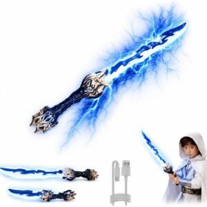 Light Up Toy Sword for Kids, Rechargeable Foldable Glow Sword with 7 Color Modes, Sound Effects, USB-C Charging, Fantasy Role Play Toy, Ages 6+ (Black Gold)