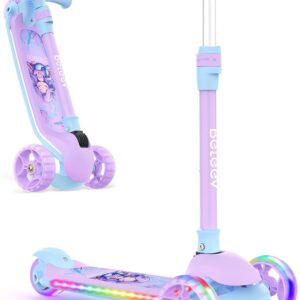 BELEEV A9 Kids Scooter with LED Light-Up Wheels & Deck, 3 Wheel Folding Scooter for Toddlers Girls Boys Ages 3-12, Adjustable Handlebar, Lean to Steer, Extra-Wide Wheels, Kick Scooter for Children
