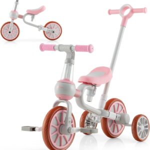 BABY JOY 4 in 1 Tricycle for Toddlers Age 2-4, Kids Trike Baby Balance Bike w/Adjustable Seat & Push Handle, Removable Pedals & Training Wheels, Ride-on Toy for Boys Girls (Pink)