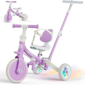 5-in-1 Tricycle for Toddlers 1-3, Convertible Toddler Bike with Push Handle & Removable Pedals, Balance Bike with Colorful Lighting Wheels, Adjustable Seat Height with Backrest (Purple)
